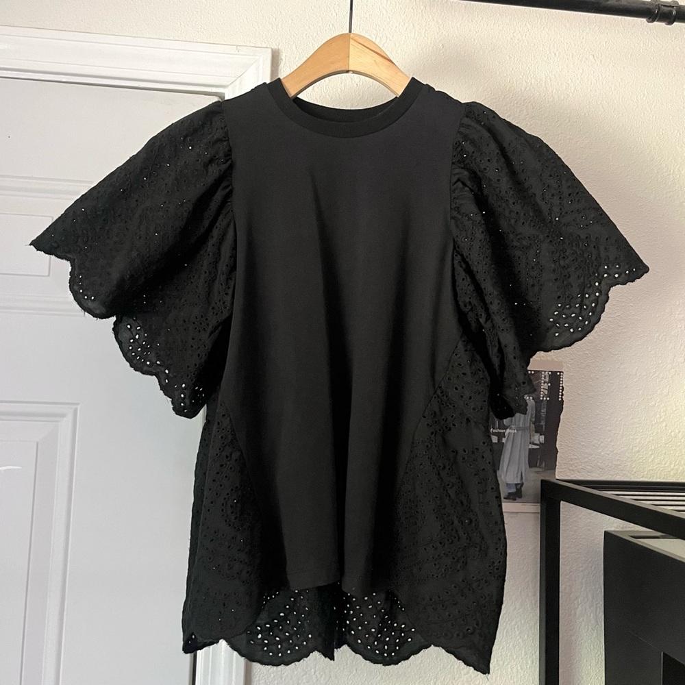 NWOT POMANDER PLACE black knit eyelet lace contrast ruffle blouse shirt